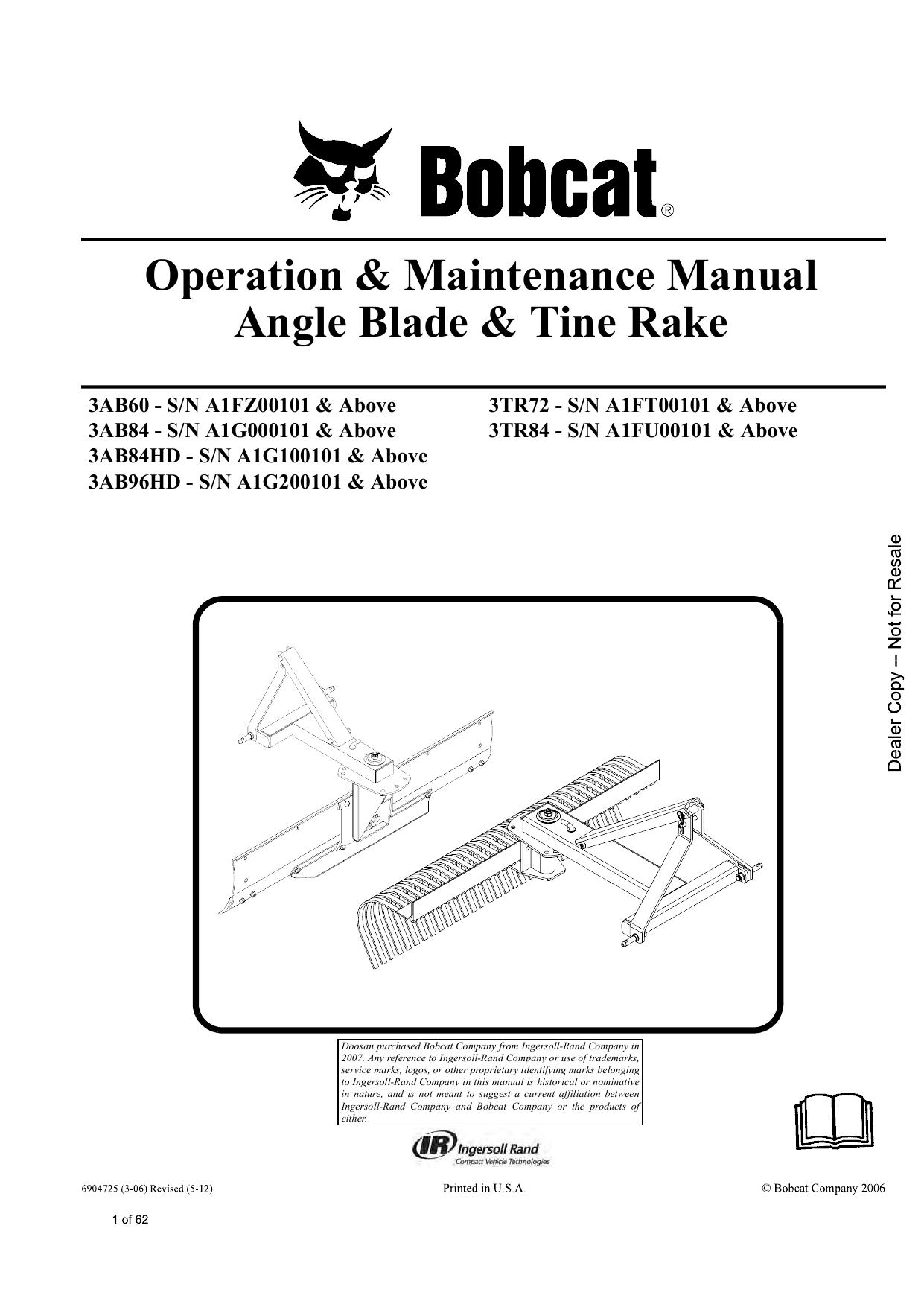 Angle Blade & Tine Rake Operation & Maintenance Manual Bobcat